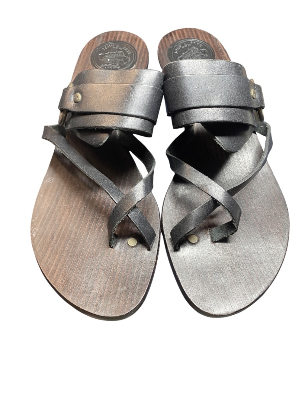 Frye Buckle Black Leather Wood Clog Sandals NWOT US 8 38 Brazil